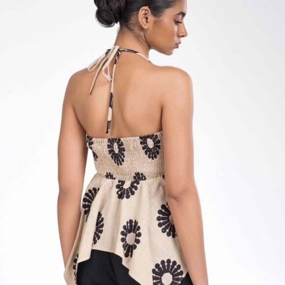 Women's Off White Floral Halter Neck Top, Sleeveless Woven Cotton, Gift for Her - Picture 4 of 8